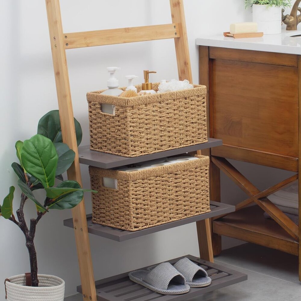 Round Paper Rope Storage Baskets, Rectangular Wicker Baskets with Built-in Handl - Picture 7 of 7